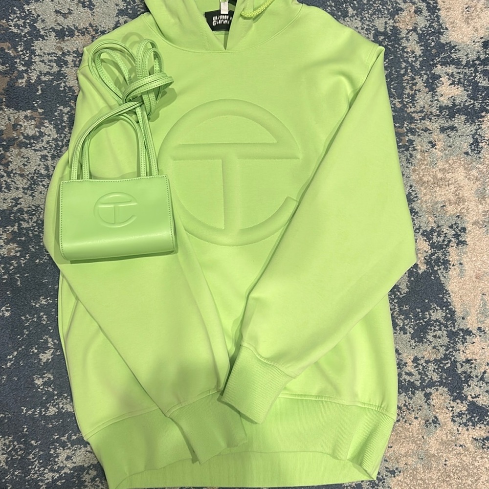 Seafoam green. Teflar hoodie and matching mini shopper tote